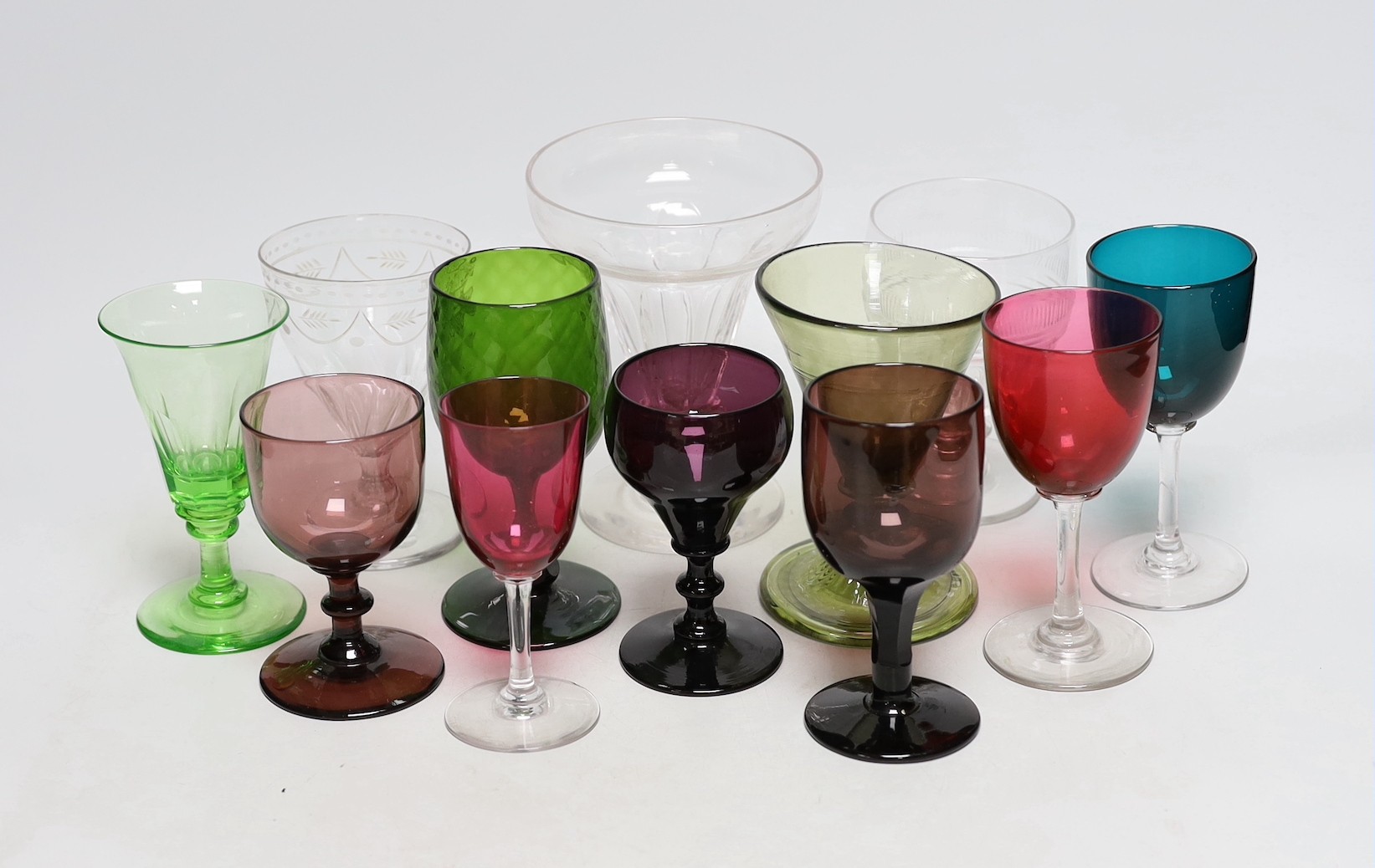 A group of 19th century coloured drinking glasses, and three glass rummers (12). Tallest 15cm